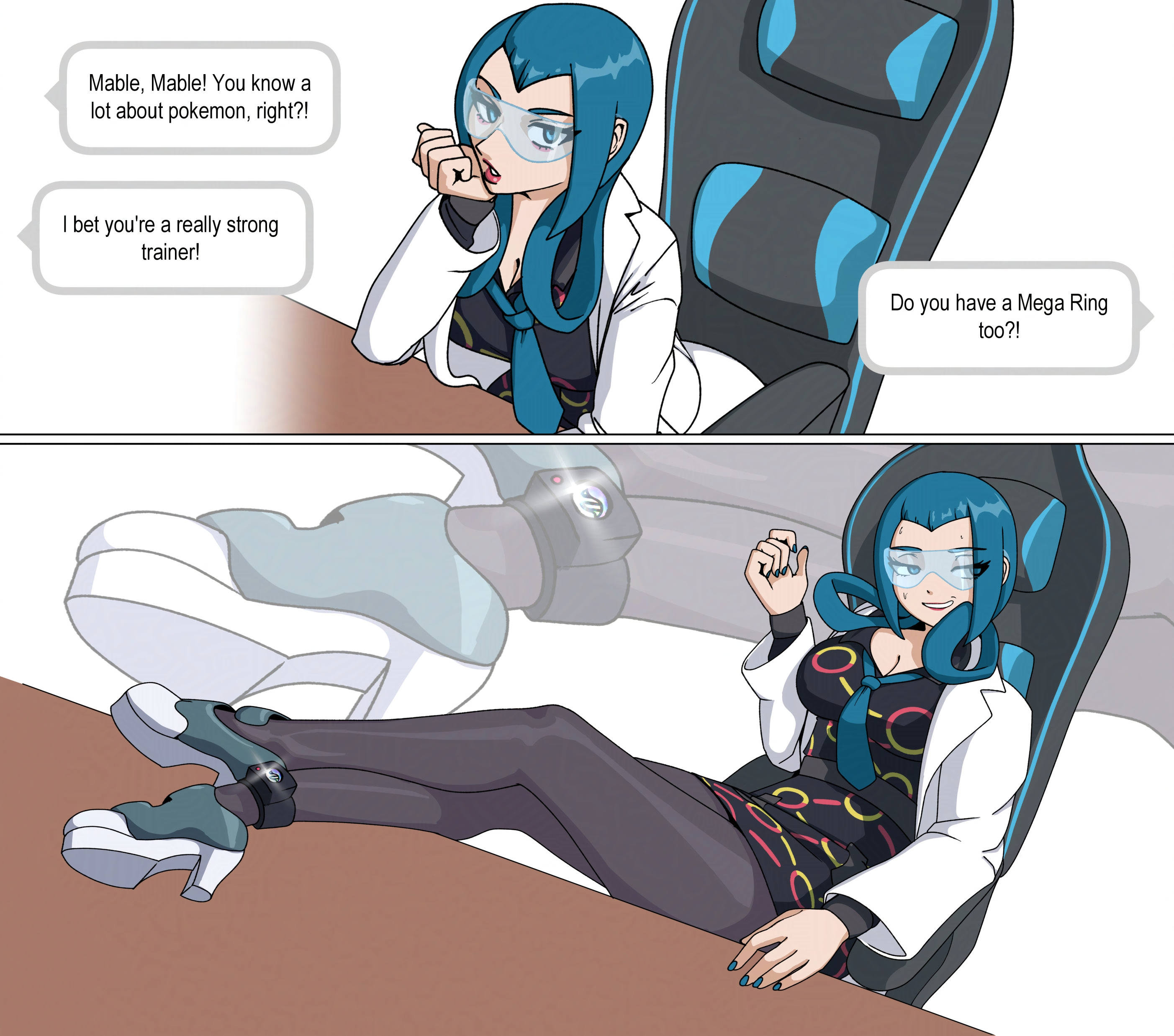 mercuryred, mable (pokemon), nintendo, pokemon, pokemon legends: z-a, absurdres, commentary, english commentary, highres, 1girl, black pantyhose, blue eyes, blue hair, breasts, cleavage, english text, hair rings, lab coat, looking at viewer, looking to the side, pantyhose, pokemon (creature), sitting, solo, speech bubble, sweat