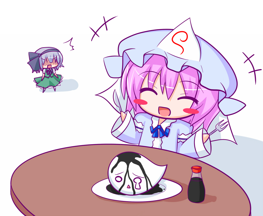 komakoma (magicaltale), konpaku youmu, konpaku youmu (ghost), saigyouji yuyuko, touhou, +++, 2girls, chibi, closed eyes, eating, female focus, fork, ghost, hitodama, holding, holding fork, knife, multiple girls, pink hair, soy sauce
