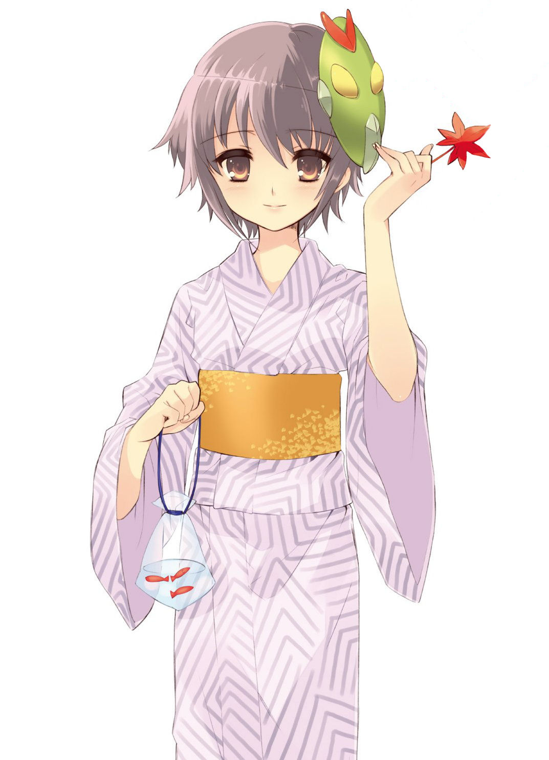 nagato yuki, suzumiya haruhi no yuuutsu, highres, 00s, fish, flat chest, japanese clothes, kimono, smile, yukata