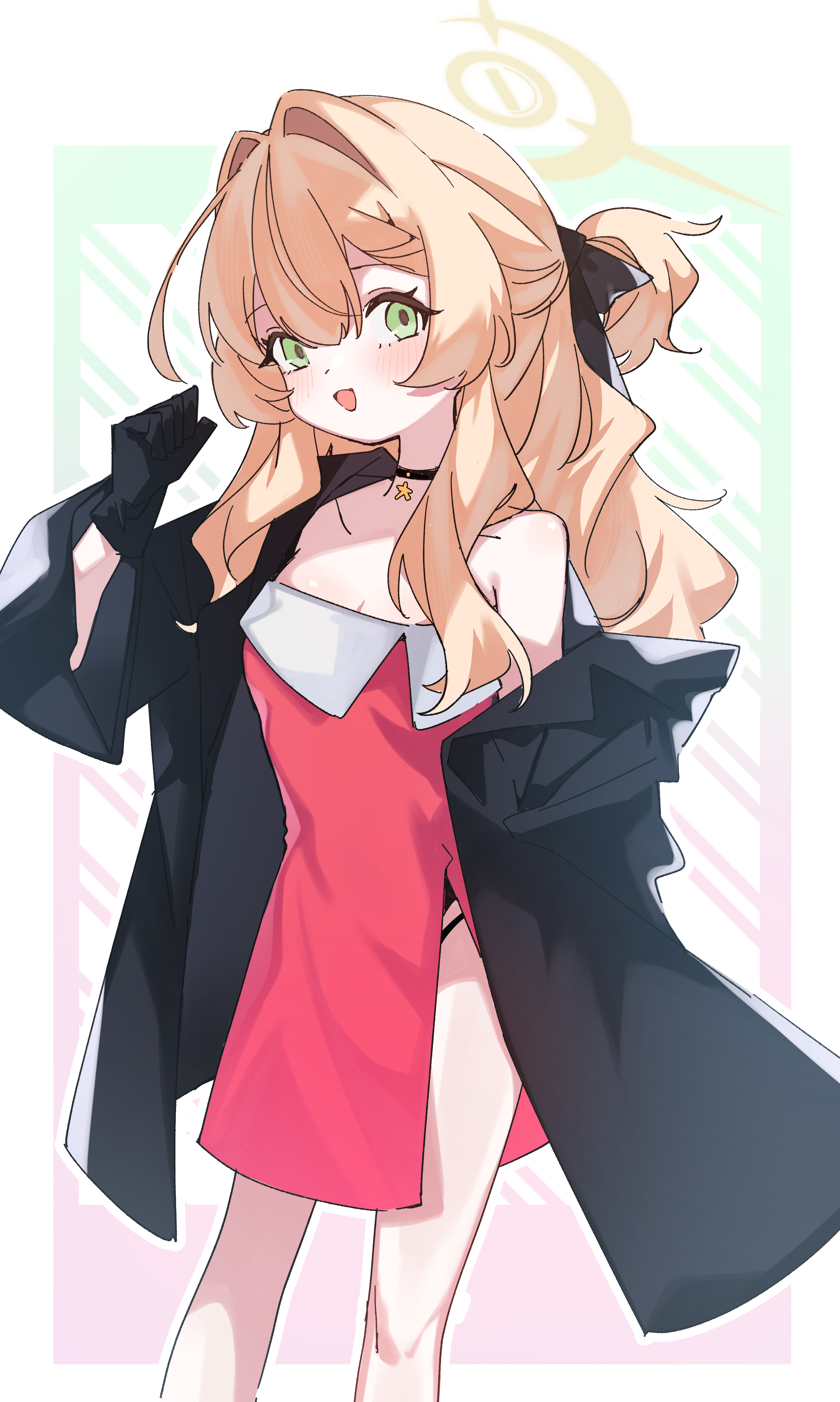 retri, professor niyaniya (blue archive), blue archive, fluffy hair, absurdres, highres, 1girl, alternate costume, alternate hairstyle, black coat, black gloves, bow, coat, dress, gloves, green eyes, hair bow, halo, long hair, looking at viewer, open clothes, open coat, red dress, side ahoge, side slit, smile, solo, strapless, strapless dress, yellow halo