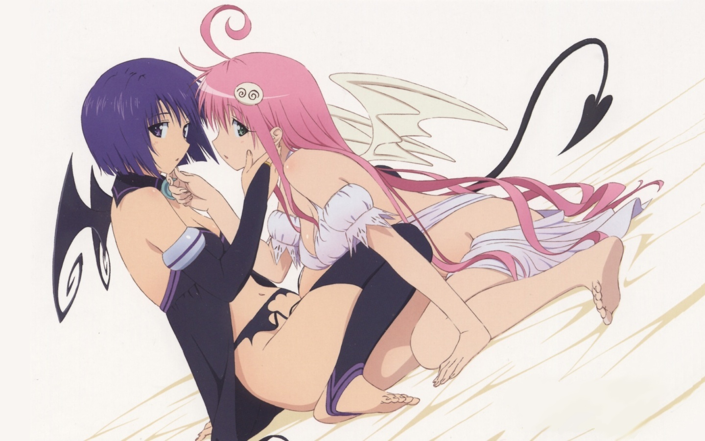 lala satalin deviluke, sairenji haruna, to love-ru, 00s, 2girls, barefoot, multiple girls, tail, wings, yuri