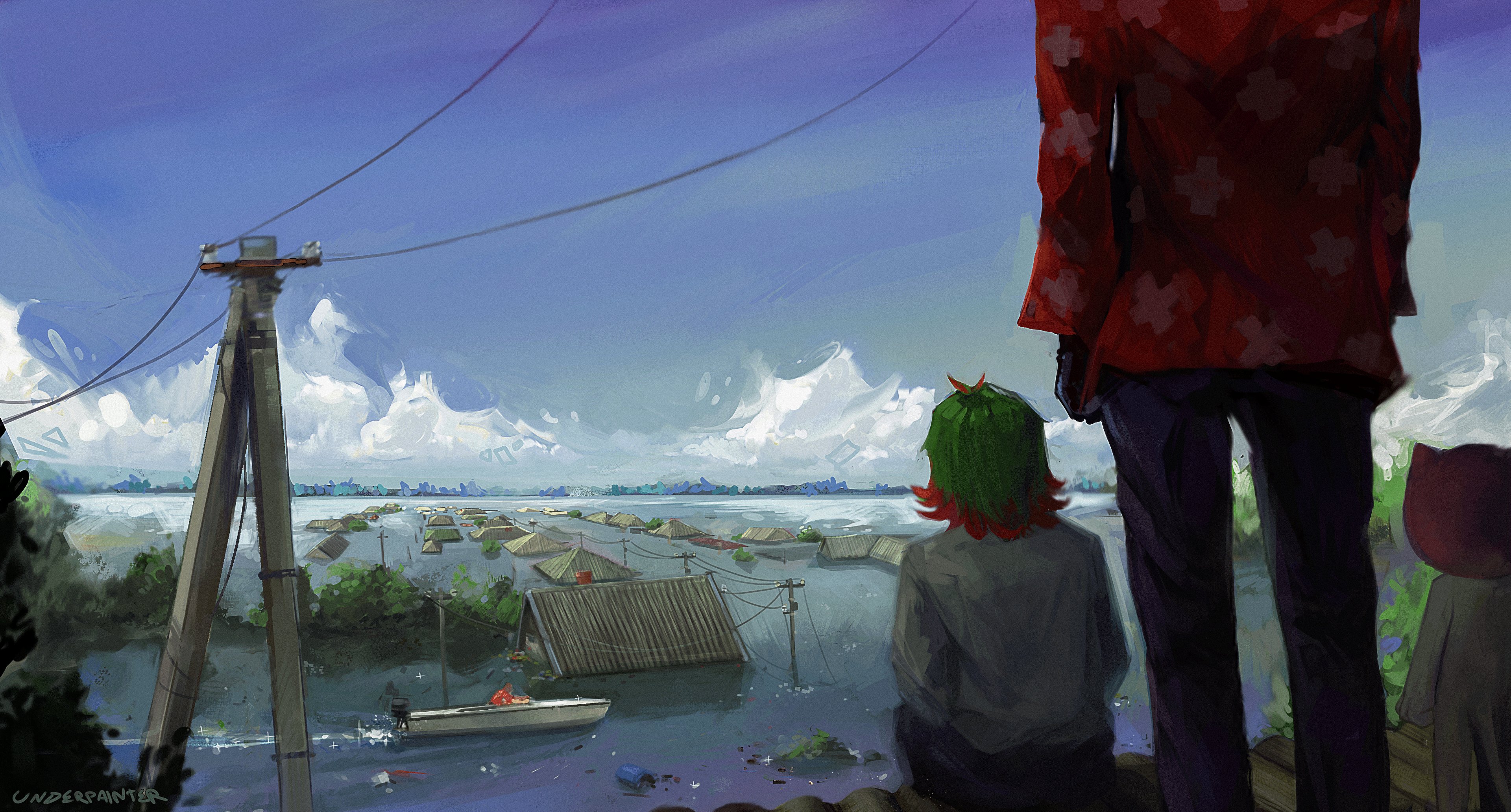 original, absurdres, highres, 4others, blue sky, boat, destruction, flood, from behind, historical event, kakhovka, multicolored hair, multiple others, numbozo, partially immersed, real world location, ruins, russo-ukrainian war, scenery, sitting, sky, standing, streaked hair, terrorism, tree, ukraine, utility pole, war, water, watercraft