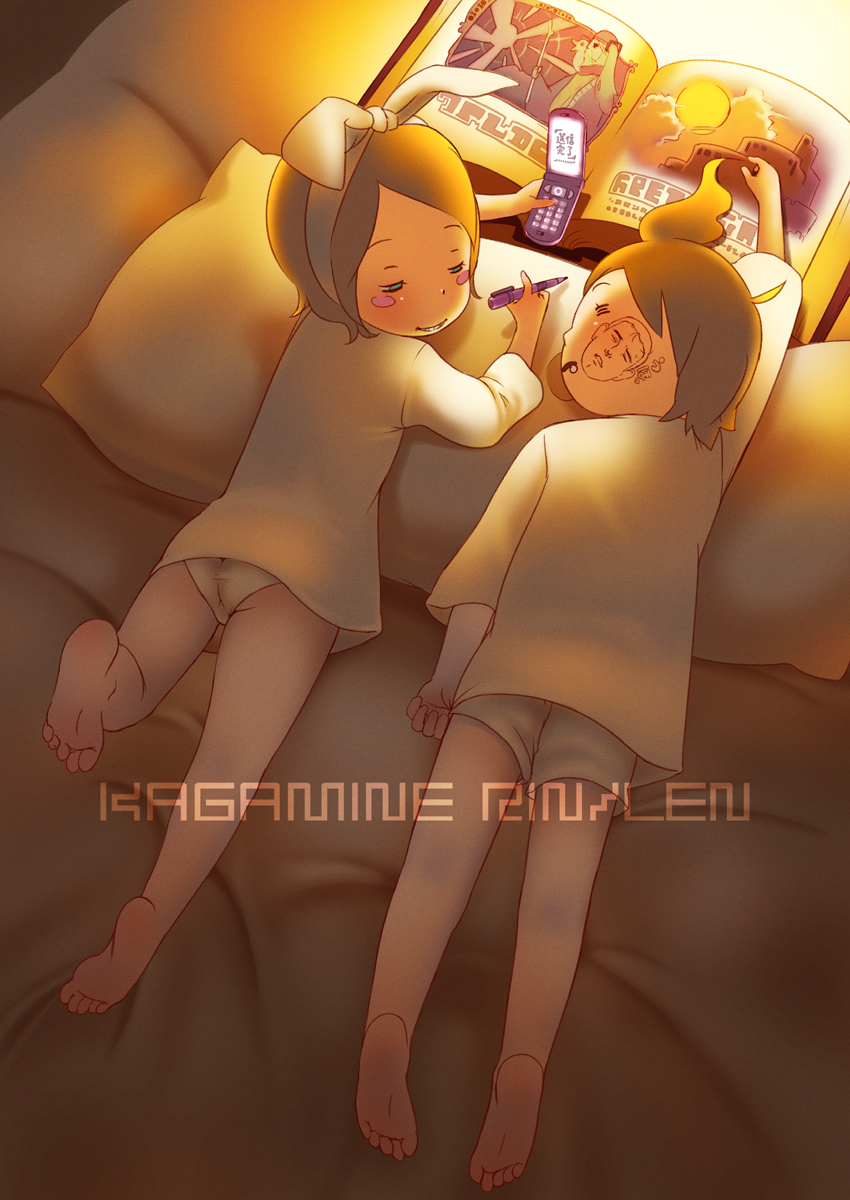 utu (wakon), abe takakazu, hatsune miku, kagamine len, kagamine rin, kaze no tani no nausicaa, kuso miso technique, vocaloid, highres, 1boy, 1girl, aged down, ass, barefoot, bed, blonde hair, blush stickers, body writing, bodypaint, book, cameo, can't choose your own family, cellphone, drooling, feet, green eyes, grin, hairband, loli, meme, no pants, panties, pantyshot, pen, phone, pillow, prank, short hair, shorts, siblings, sleeping, smile, soles, spring onion, sun, toes, twins, underwear, yaranaika