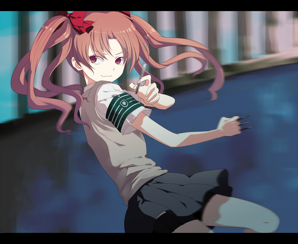 harano, shirai kuroko, toaru kagaku no railgun, toaru majutsu no index, bad id, bad pixiv id, 00s, 1girl, :3, armband, bow, brown eyes, brown hair, female focus, hair bow, long hair, motion blur, school uniform, skirt, solo, sweater vest, thigh strap, twintails