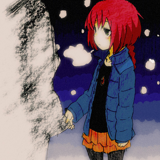 natsujuno, suou pavlichenko, darker than black, bad id, bad pixiv id, 00s, jewelry, pantyhose, pendant, pleated skirt, red hair, skirt, snow, solo