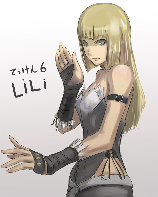 tea (nakenashi), emilie de rochefort, namco, tekken, bad id, bad pixiv id, 1girl, armband, armlet, bare shoulders, blonde hair, character name, copyright name, fighting stance, green eyes, jewelry, long hair