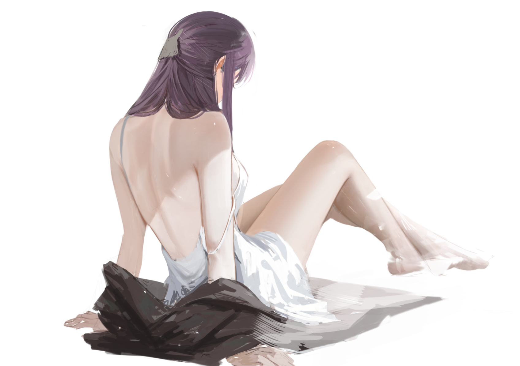 neo (neorarty3), fern (sousou no frieren), sousou no frieren, highres, 1girl, back, bare legs, barefoot, breasts, dress, facing away, from behind, full body, hair ornament, large breasts, long hair, purple hair, simple background, sitting, solo, strap slip, thighs, very long hair, white background, white dress