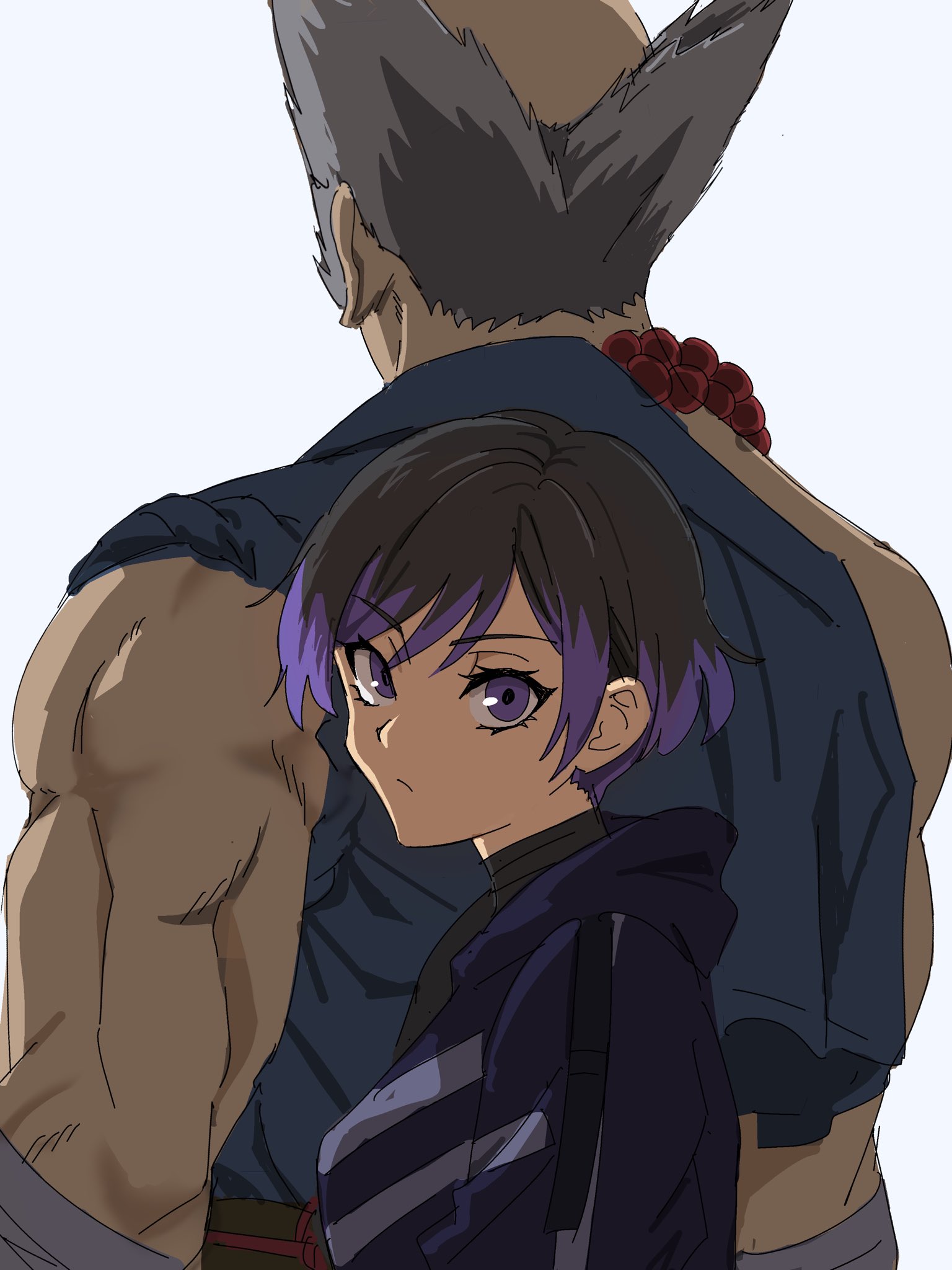 mishima heihachi, reina (tekken), tekken, tekken 8, commentary request, highres, 1boy, 1girl, bald, black hair, black jacket, dougi, father and daughter, hood, hood down, hooded jacket, jacket, multicolored hair, multicolored jacket, muscular, muscular male, purple eyes, purple hair, purple jacket, short hair, simple background, solo focus, two-tone hair, usuginu1000, white background, white jacket