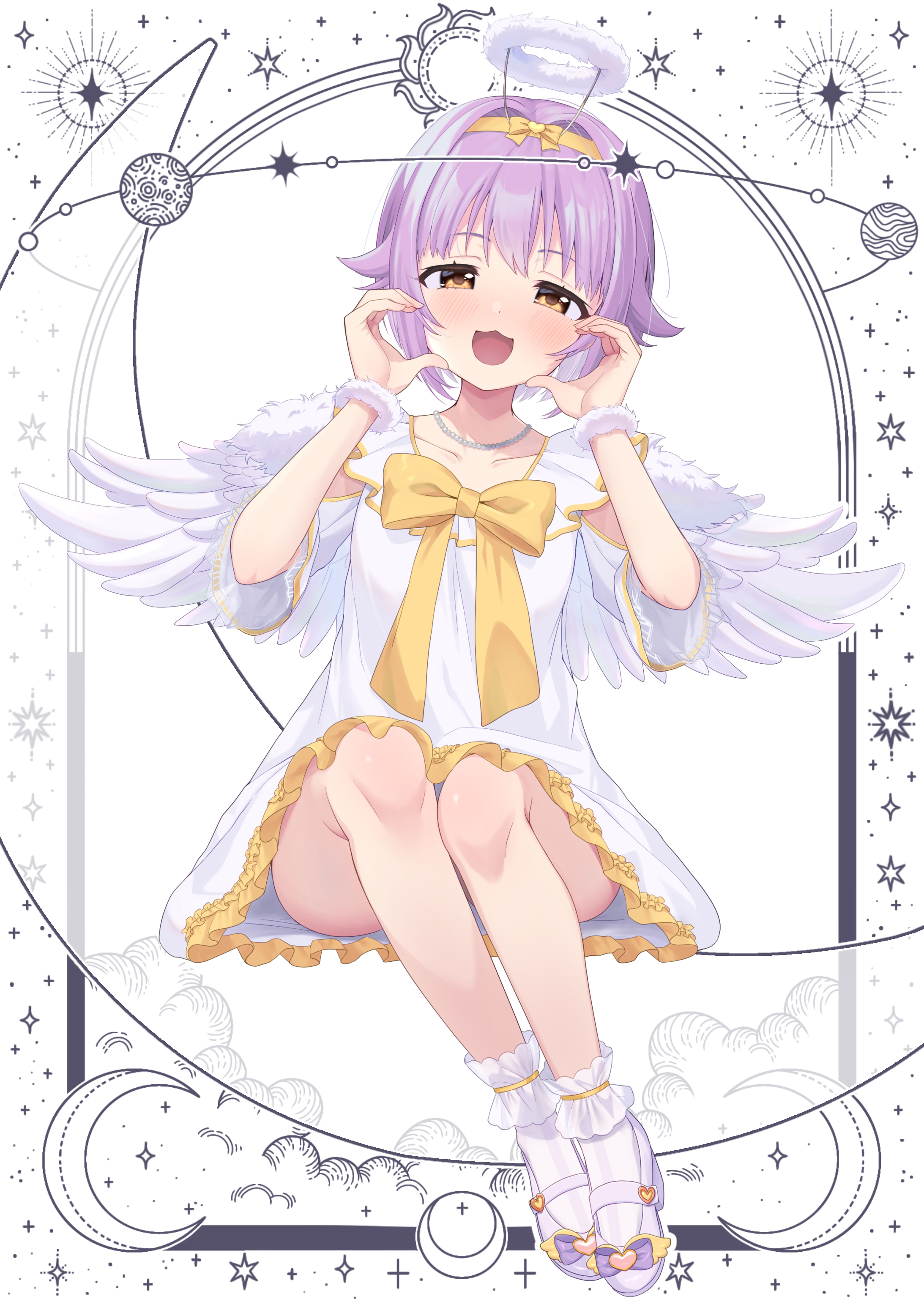 ri5taccia, koshimizu sachiko, idolmaster, idolmaster cinderella girls, absurdres, commentary request, highres, 1girl, :3, :d, bare legs, blush, bow, bowtie, collarbone, crescent, fake halo, feathered wings, footwear bow, fur halo, fur wristbands, hair flaps, half-heart hands, halo, invisible chair, jewelry, looking at viewer, necklace, open mouth, purple eyes, shoes, short hair, sitting, smile, socks, solo, sparkle, white shoes, white socks, white wings, wings, yellow bow, yellow bowtie