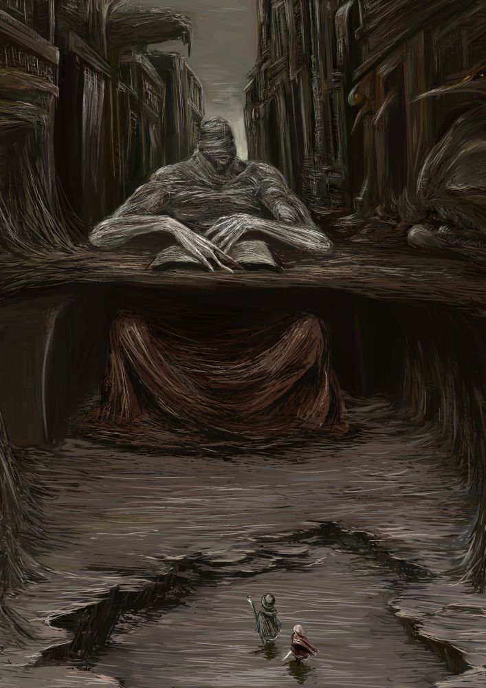 naoki (naoieo), original, 1boy, 1girl, book, fantasy, giant, monster, staff