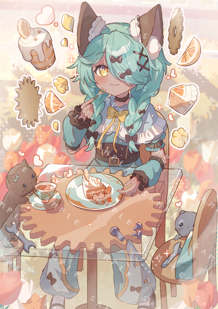 tsukumi bis, original, commentary request, commission, skeb commission, 1girl, :3, animal ear fluff, animal ears, arm warmers, black bow, black choker, black shoes, blush, borrowed character, bow, bowtie, cake, cake slice, cat ears, cat girl, chair, choker, closed mouth, cup, dark-skinned female, dark skin, dress, eating, food, fork, fruit, green dress, green socks, hair bow, hair ornament, hair over one eye, holding, holding fork, looking at viewer, orange (fruit), orange slice, plate, sample watermark, saucer, shoes, short sleeves, sitting, smile, socks, solo, table, teacup, watermark, x hair ornament, yellow bow, yellow bowtie, yellow eyes