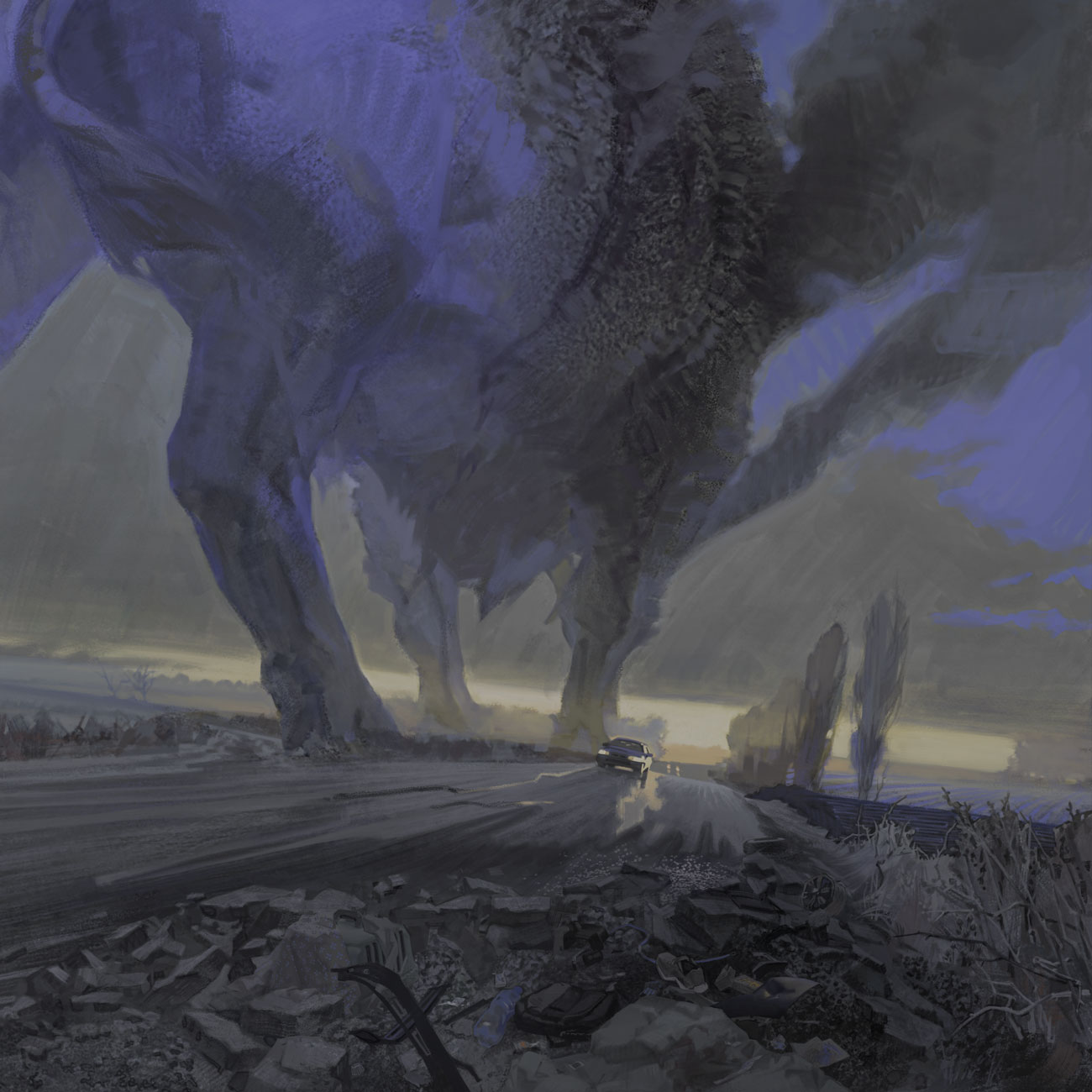 original, commentary, highres, bull, car, damaged, debris, destruction, driving, explosion, historical event, kaiju, motor vehicle, no humans, oak andr, ruins, russo-ukrainian war, scenery, sky, smoke, sunset, surreal, ukraine, ukrainian commentary, vehicle focus, war, wreckage