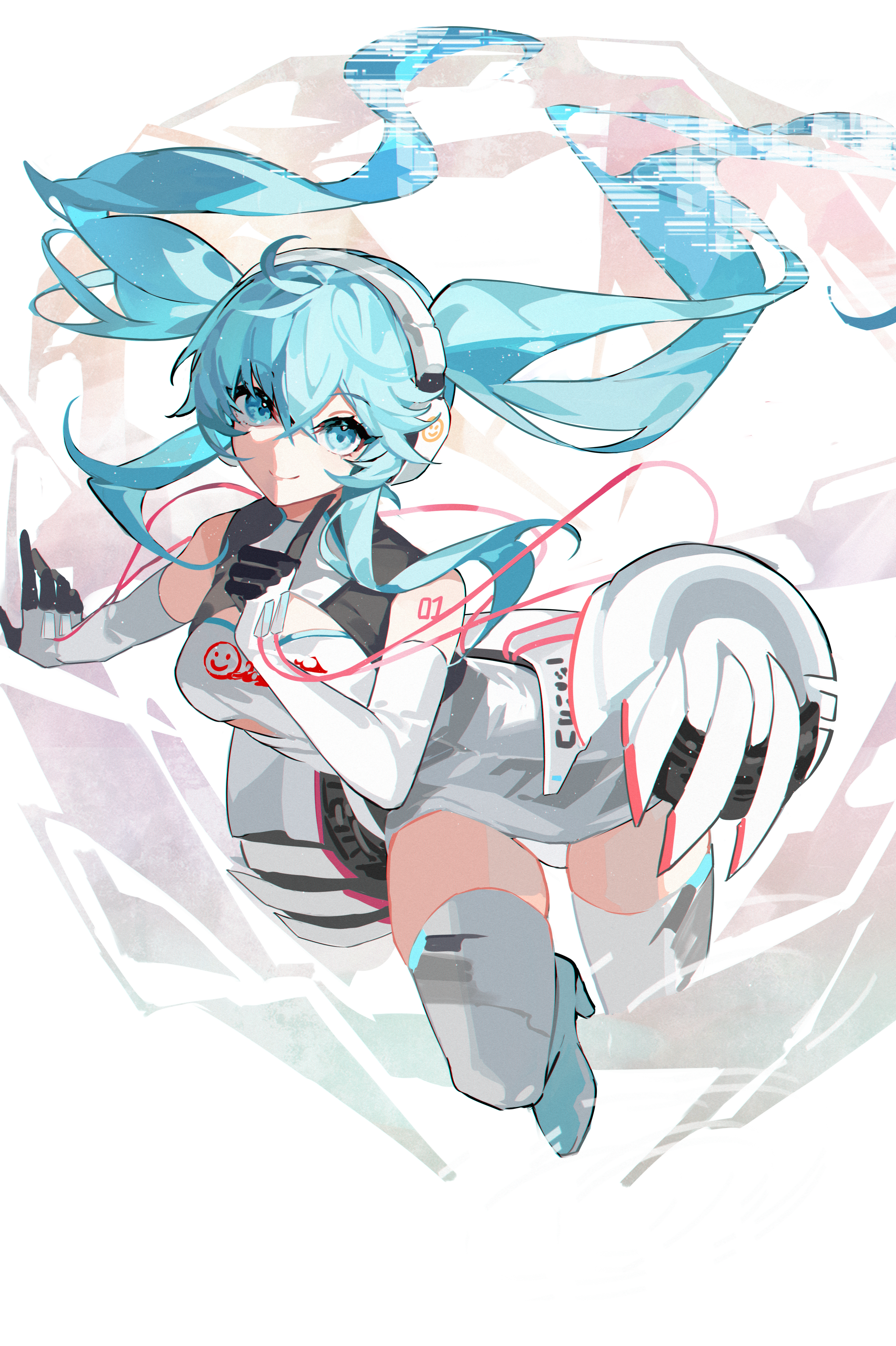 kazenemuri, hatsune miku, racing miku, racing miku (2014), vocaloid, absurdres, commentary, highres, 1girl, bare shoulders, blue eyes, blue hair, blue shoes, breasts, closed mouth, crossed bangs, double-parted bangs, dress, elbow gloves, full body, gloves, hair between eyes, hand up, headphones, high heels, long hair, looking at viewer, medium breasts, number tattoo, shoes, short dress, shoulder tattoo, sleeveless, sleeveless dress, smile, solo, tattoo, thighhighs, twintails, white dress, white gloves, white thighhighs