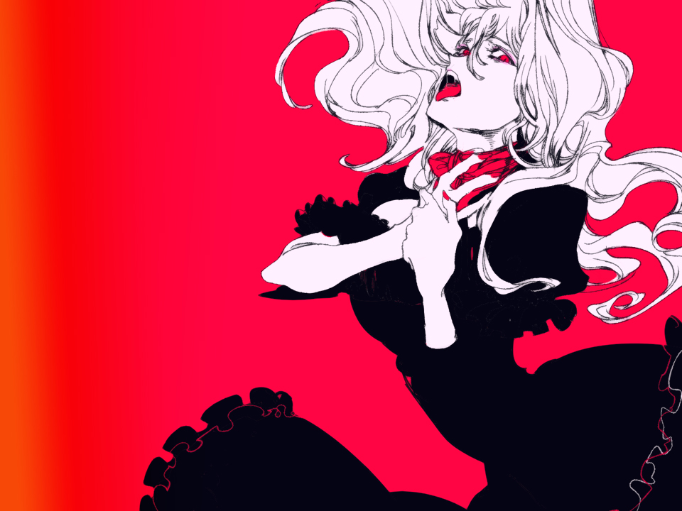 yukizen, yakumo yukari, touhou, bad id, bad pixiv id, 1girl, dress, female focus, monochrome, red background, red eyes, red theme, saliva, simple background, solo, tongue