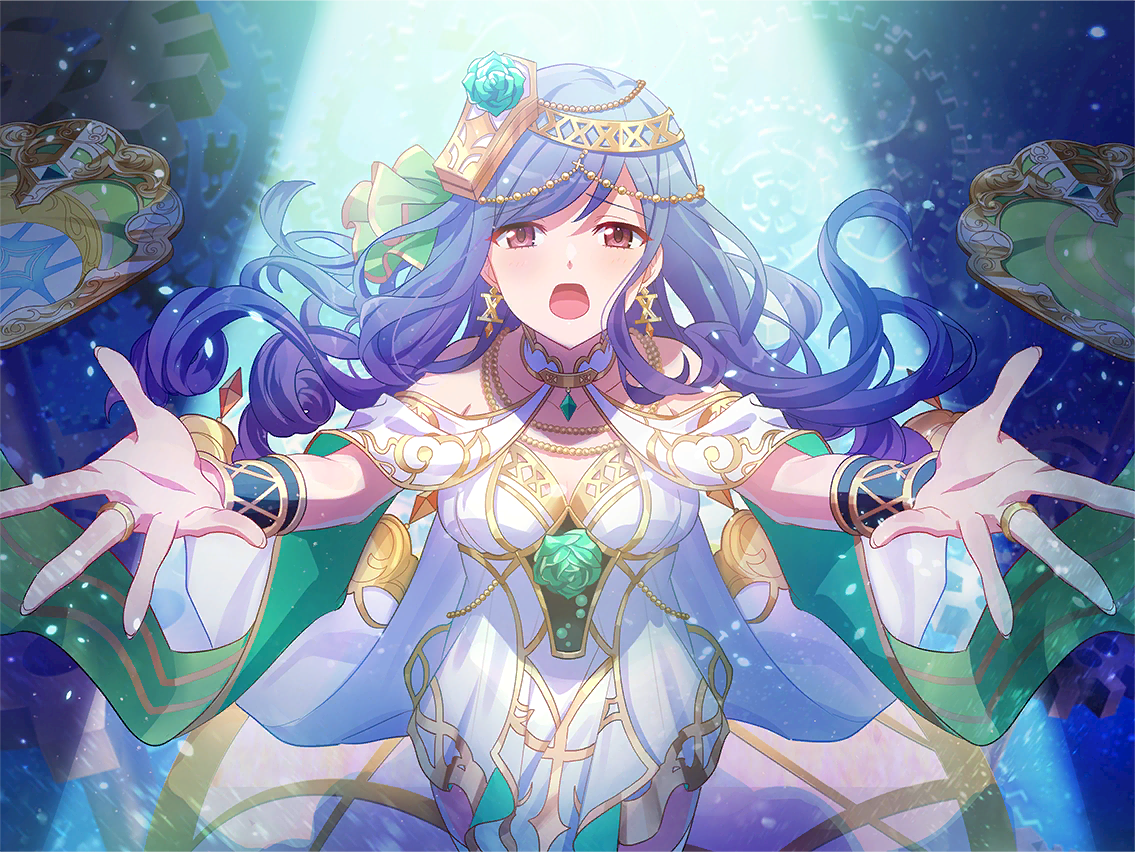 kochou shizuha, shoujo kageki revue starlight, shoujo kageki revue starlight -re live-, game cg, official art, 1girl, blue hair, bracer, breasts, collarbone, dress, earrings, furrowed brow, headpiece, jewelry, judgement (tarot), long hair, looking at viewer, medium breasts, open mouth, purple eyes, reaching, reaching towards viewer, solo, spotlight, tarot, upper body, wavy hair, white dress
