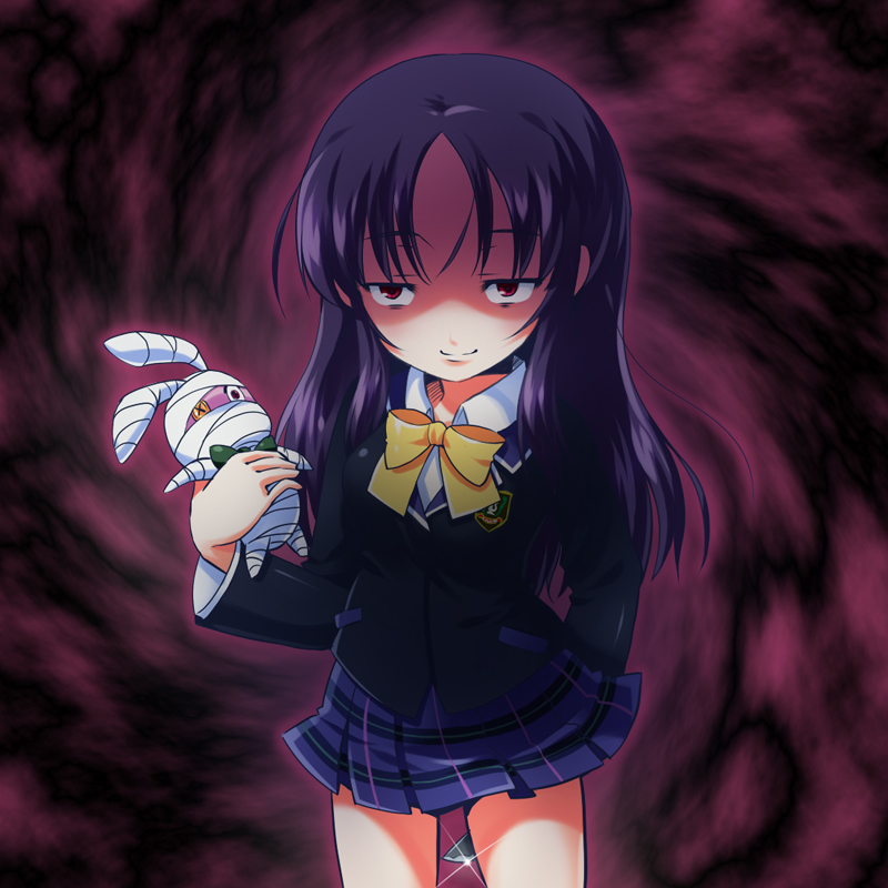 morujii, ookura miyako, robbie the rabbit, konami, silent hill (series), silent hill 3, tokimeki memorial, tokimeki memorial 4, bad id, bad pixiv id, 1girl, alternate hairstyle, bandages, black hair, blazer, bow, chibi, evil grin, evil smile, female focus, grin, hair down, jacket, jitome, knife, long hair, plaid clothes, plaid skirt, pleated skirt, purple hair, rabbit, red eyes, school uniform, shaded face, skirt, smile, solo, stuffed animal, stuffed rabbit, stuffed toy, yandere