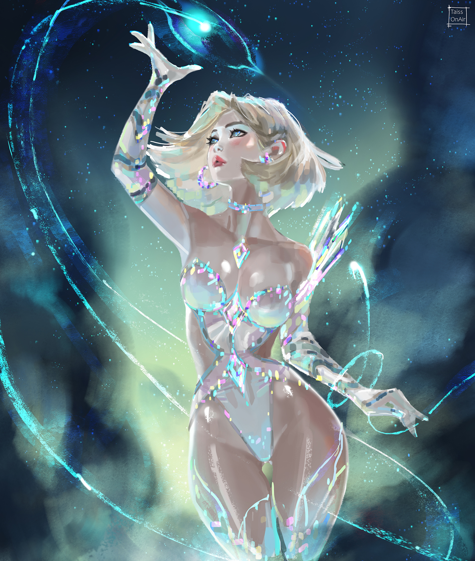 tatti art, emma frost, marvel, marvel rivals, commentary, english commentary, highres, paid reward available, variant set, 1girl, artist name, bare shoulders, blonde hair, blue eyes, breasts, choker, cowboy shot, earrings, gluteal fold, jewelry, large breasts, medium hair, narrow waist, solo, thigh gap, wide hips