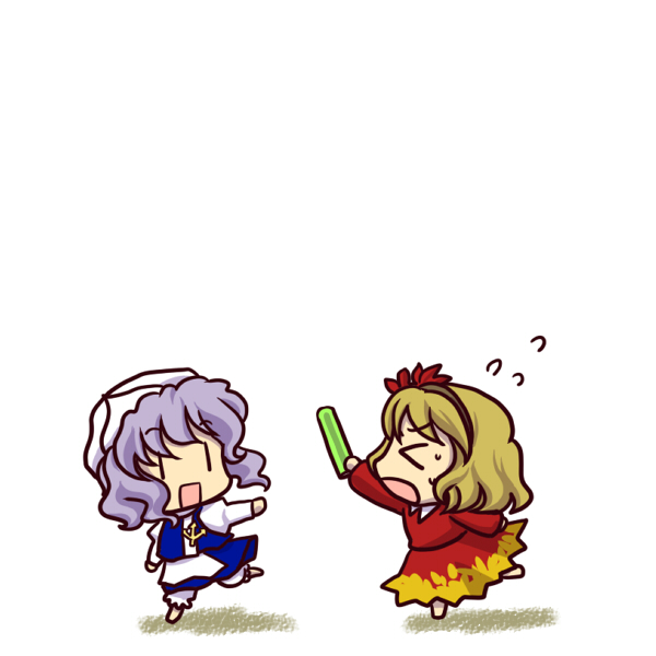 socha, aki shizuha, letty whiterock, touhou, > <, 2girls, chibi, closed eyes, female focus, full body, multiple girls, relay baton, relay race, simple background, white background, | |