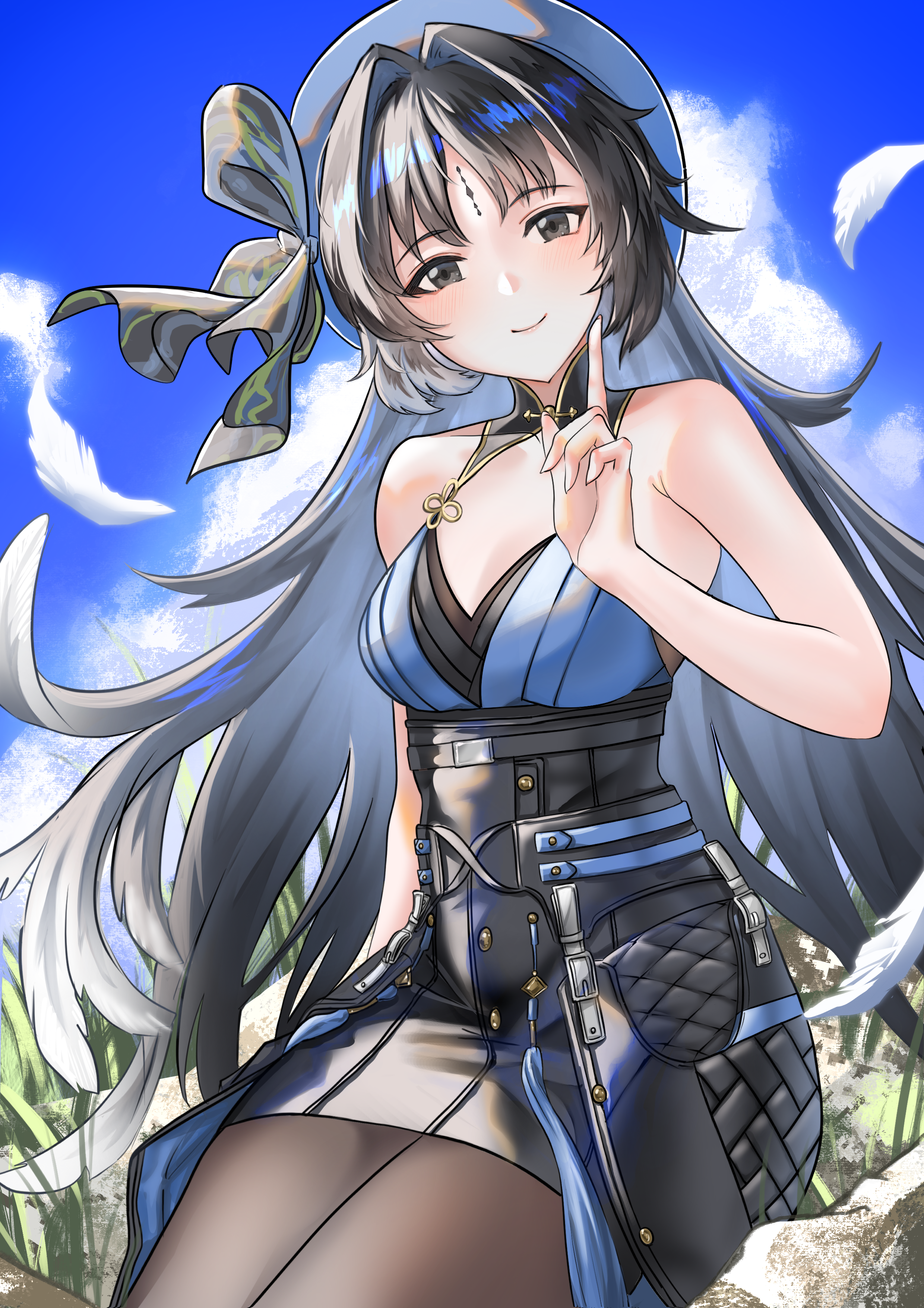 takamatsu-k, yangyang (wuthering waves), wuthering waves, absurdres, commentary, highres, 1girl, beret, black bow, black collar, black eyes, black hair, blue hat, bow, collar, facial mark, feather hair, forehead mark, hair intakes, hat, hat bow, index finger raised, long hair, looking at viewer, parted bangs, sitting, solo, tacet mark (wuthering waves), two-tone veil