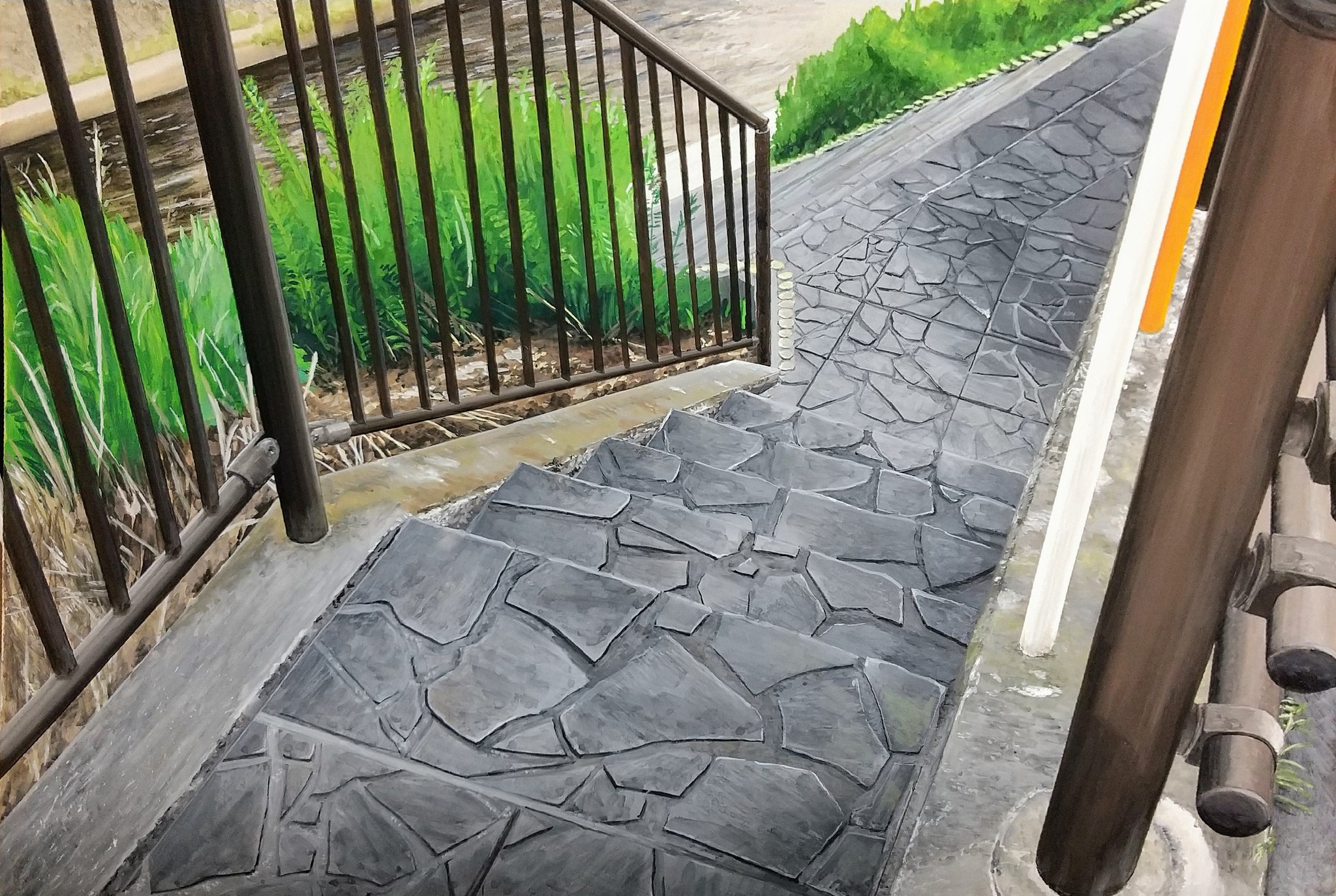 harusa1107, original, commentary, highres, painting (medium), symbol-only commentary, traditional media, no humans, outdoors, water