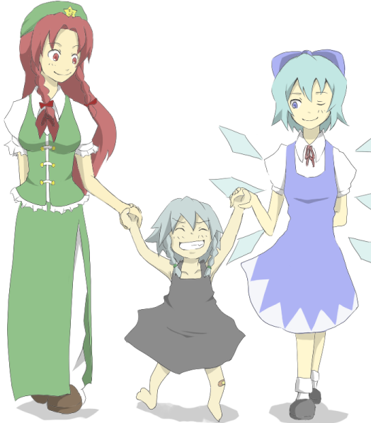 yukimura, cirno, cirno-nee, hong meiling, izayoi sakuya, embodiment of scarlet devil, touhou, 3girls, aged down, bandaid, barefoot, braid, child, grin, holding hands, if they mated, multiple girls, one eye closed, smile, twin braids, wink