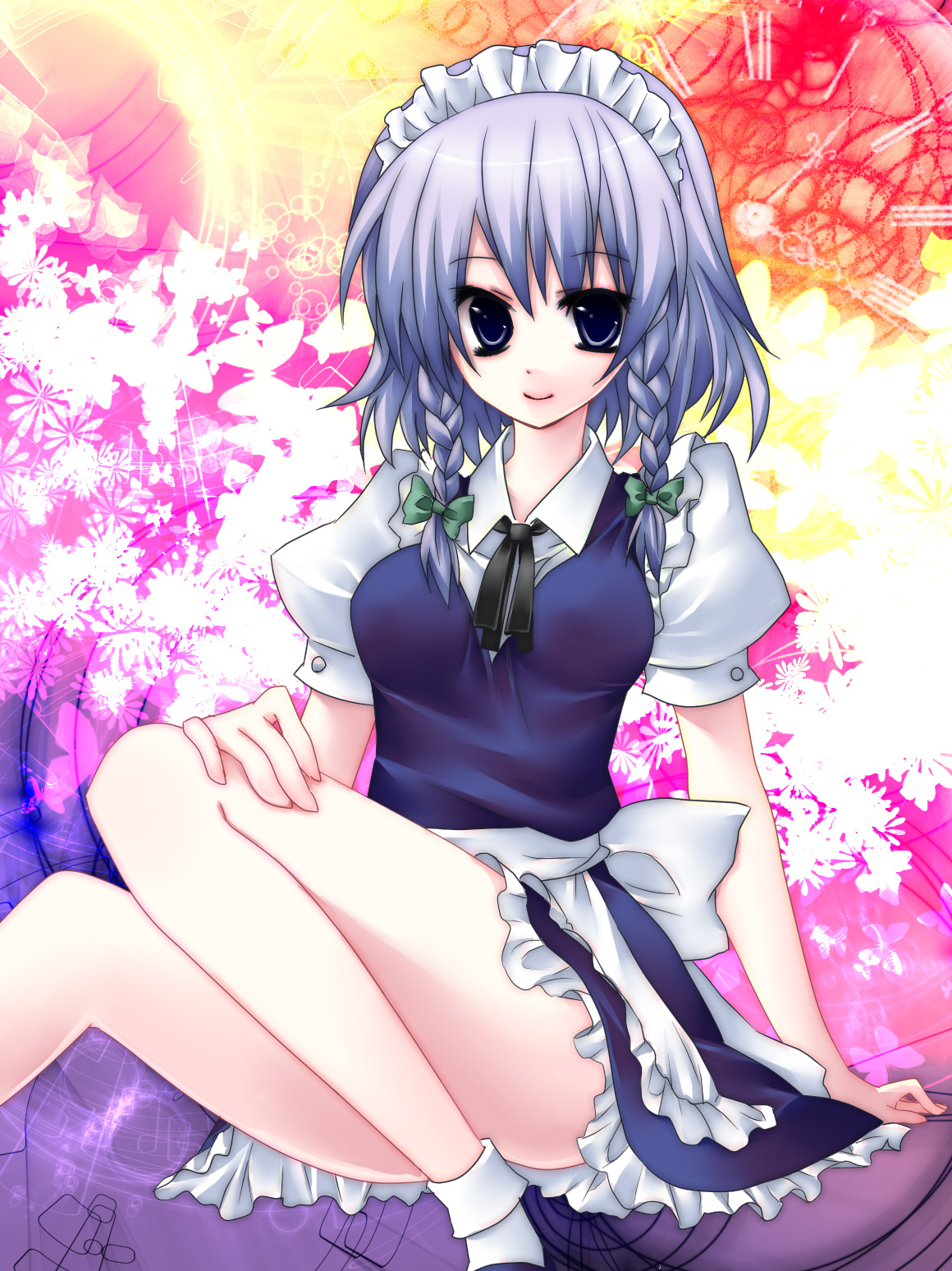 tepengu, izayoi sakuya, touhou, silver hair, bad id, bad pixiv id, highres, 1girl, dress, female focus, gradient background, hairband, maid, ribbon, short hair, solo