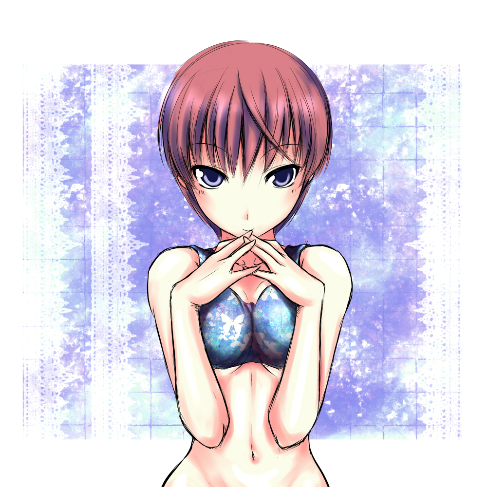 copycat (homura), original, bad id, bad pixiv id, 1girl, bottomless, bra, breasts, breasts squeezed together, female focus, hip focus, lingerie, navel, no panties, purple eyes, red hair, short hair, solo, underboob, underwear
