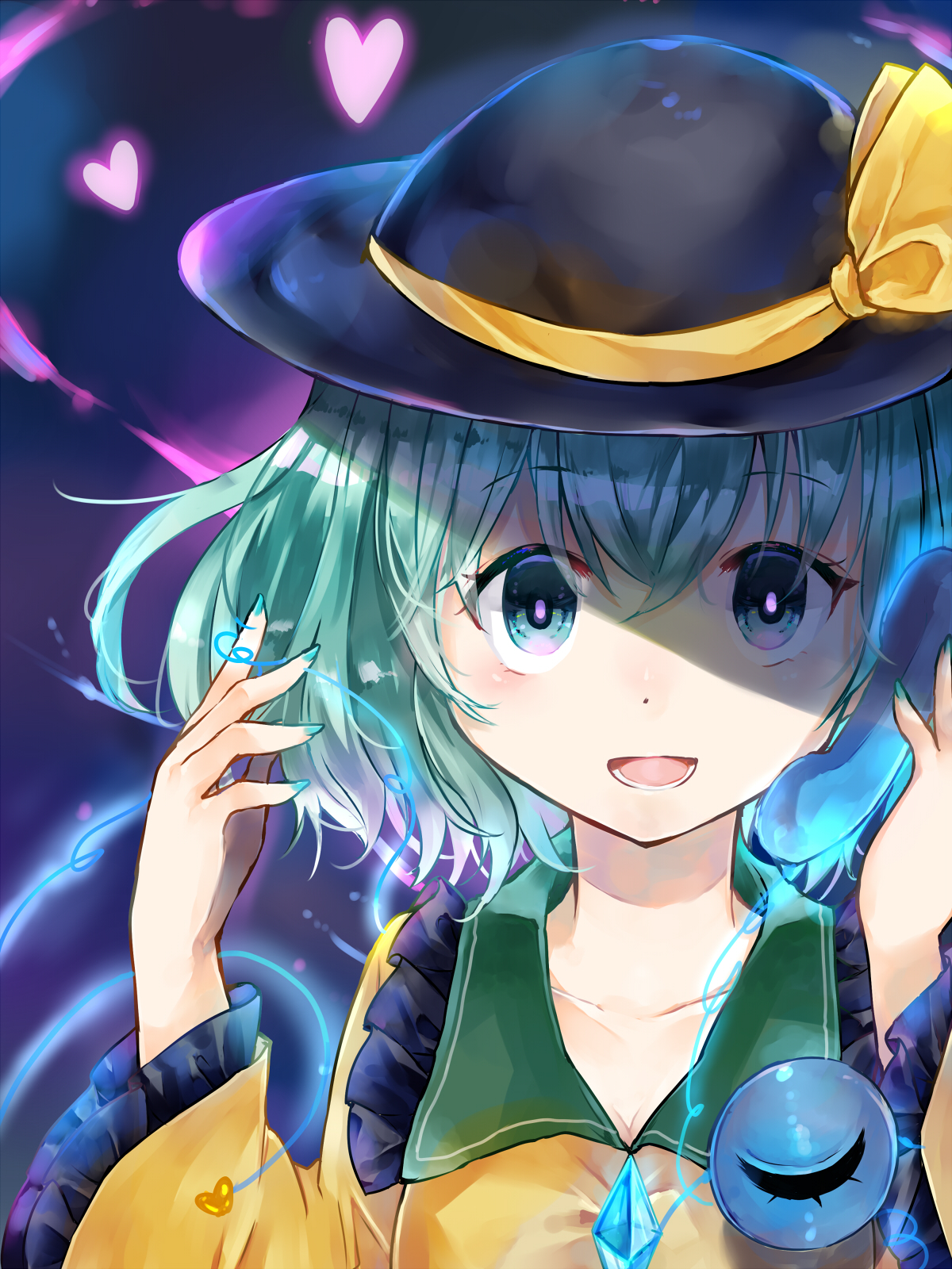 minatsuki yurara, komeiji koishi, touhou, commentary request, highres, 1girl, black hat, breasts, cleavage, collared shirt, eyeball, frilled shirt collar, frilled sleeves, frills, green eyes, green hair, green nails, hat, hat ribbon, heart, holding, holding phone, long sleeves, looking at viewer, lower teeth only, open mouth, phone, ribbon, shirt, smile, solo, teeth, third eye, wide sleeves, yellow ribbon, yellow shirt