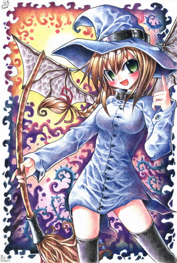 emperpep, painting (medium), traditional media, watercolor (medium), 1girl, blush, braid, breasts, broom, brown hair, female focus, green eyes, hair ribbon, hat, open mouth, ribbon, single braid, solo, thighhighs, wings, witch