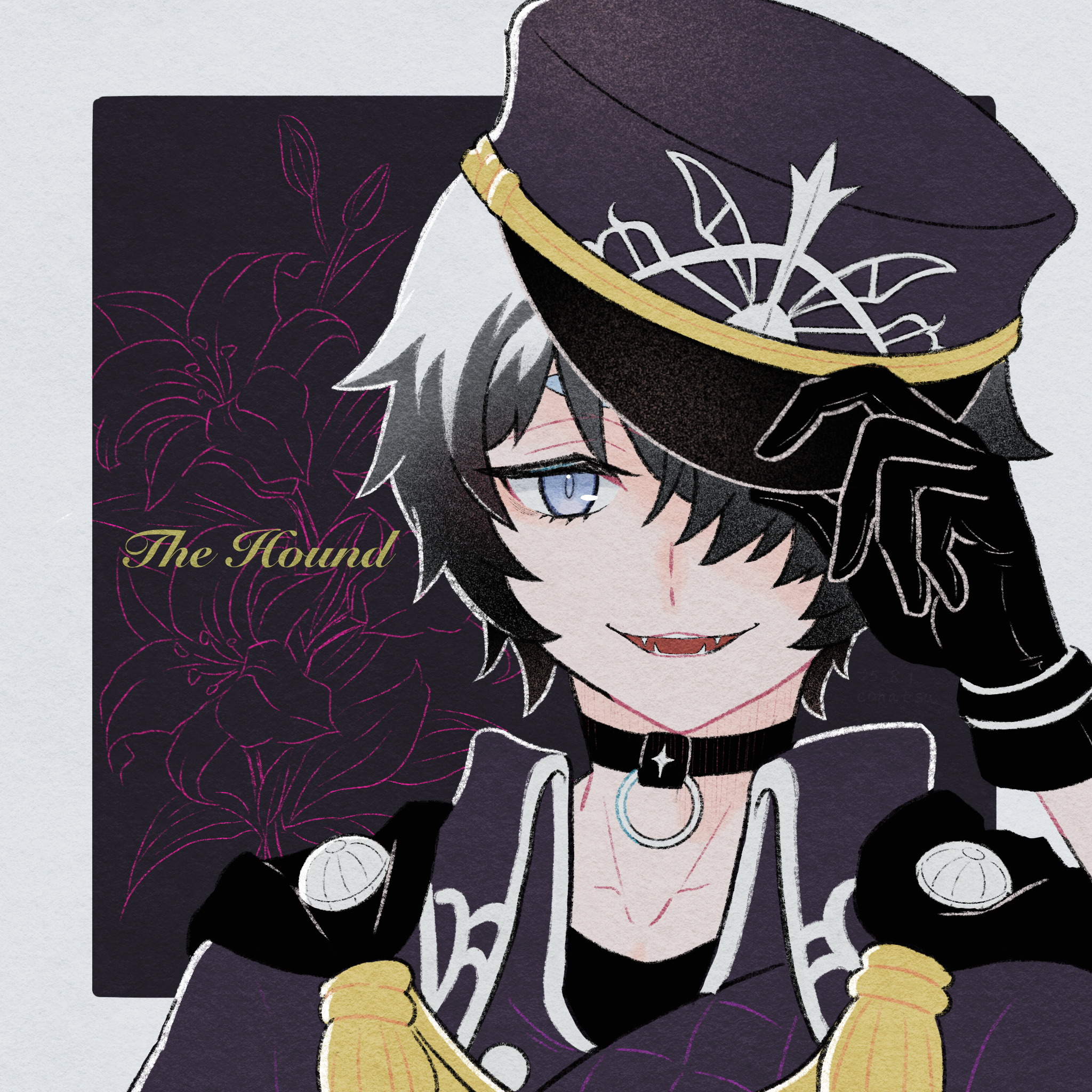 conachun, rune factory, rune factory: guardians of azuma, commentary request, highres, 1boy, black cape, black gloves, black hair, blue eyes, cape, character name, collarbone, eyelashes, fangs, gloves, hat, hound (rune factory), looking at viewer, male focus, open mouth, peaked cap, short hair, solo