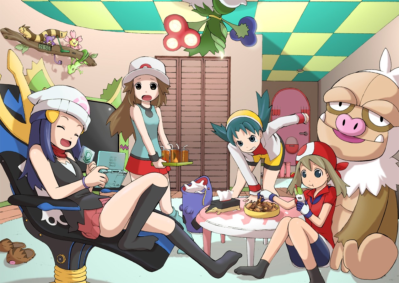 magyo, chansey, cherrim, cherrim (sunshine), corsola, cyndaquil, dawn (pokemon), empoleon, furret, kecleon, kris (pokemon), leaf (pokemon), may (pokemon), ralts, rattata, roserade, slaking, swalot, swinub, treecko, nintendo, pokemon, pokemon dppt, pokemon frlg, pokemon gsc, pokemon rse, annotated, md5 mismatch, 00s, 1990s (style), 4girls, angry, bandana, beanie, bike shorts, black socks, blue eyes, blue hair, bracelet, brown eyes, brown hair, cameo, cellphone, closed eyes, eating, gen 1 pokemon, gen 2 pokemon, gen 3 pokemon, gen 4 pokemon, gloves, handheld game console, happy, hat, jacket, jewelry, kneehighs, laughing, long hair, multiple girls, nintendo ds, no shoes, objectification, open mouth, phone, pokemon (creature), product placement, retro artstyle, scarf, sitting, skirt, slippers, smile, socks, stuffed animal, stuffed toy, themed object, twintails, wristband