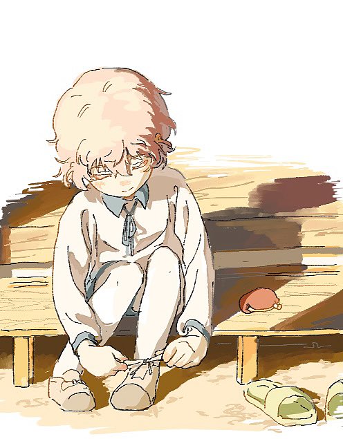 original, 1boy, blonde hair, blue shorts, brown shoes, closed eyes, closed mouth, collared shirt, full body, green sandals, hair between eyes, long sleeves, male focus, sandals, shirt, shoes, short hair, shorts, sitting, solo, tying footwear, unworn sandals, white background, white shirt, yutate