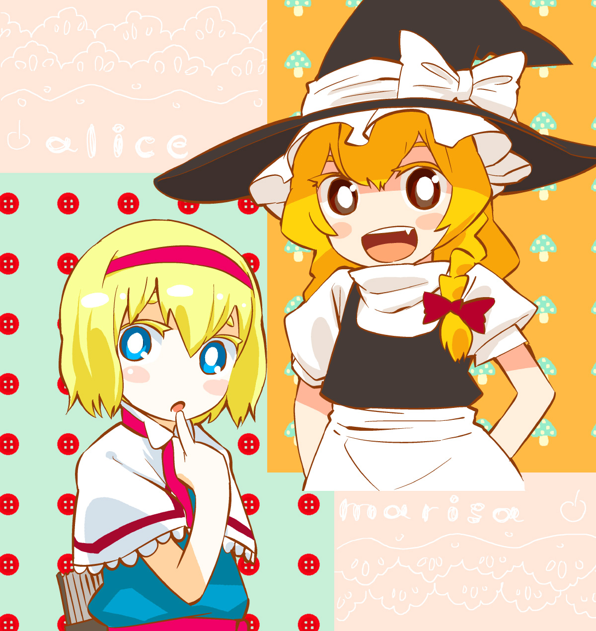 mizu asato, alice margatroid, kirisame marisa, touhou, highres, 2girls, :d, :o, blonde hair, blue eyes, blush stickers, buttons, chibi, colored eyelashes, dress, fang, female focus, finger to mouth, hairband, hat, multiple girls, mushroom, open mouth, ribbon, smile, witch, witch hat