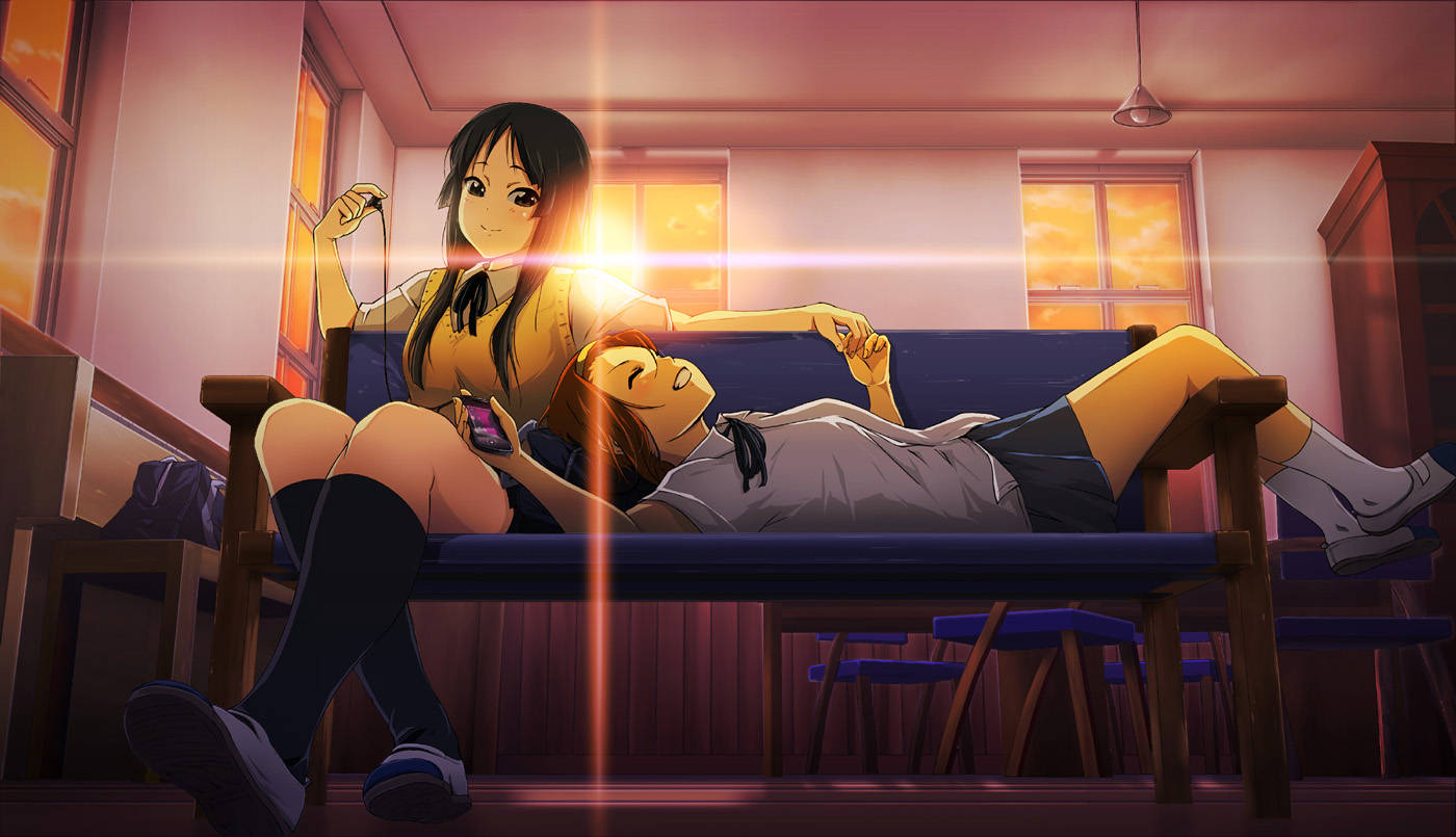 71 (nanaichi drafting), akiyama mio, tainaka ritsu, k-on!, 00s, 2girls, black hair, black socks, brown hair, cellphone, grin, holding hands, iphone, lens flare, lying, multiple girls, phone, sitting, smartphone, smile, socks, sweater vest, yuri