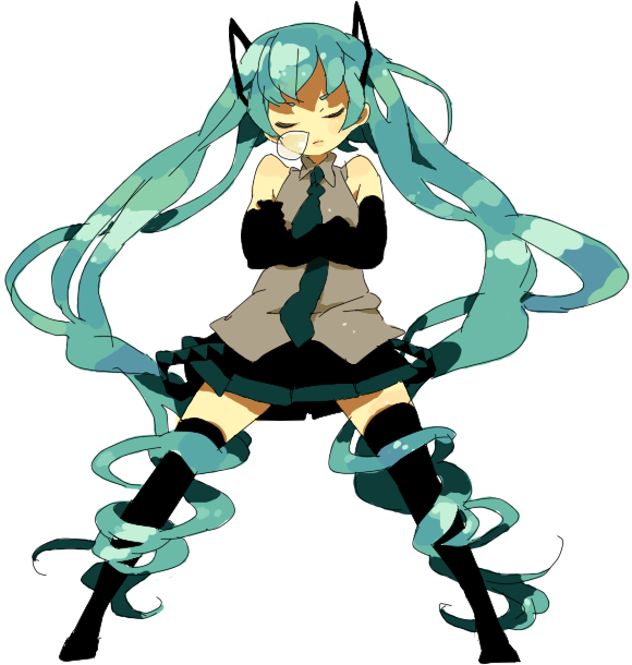 kinako (marubotan), hatsune miku, vocaloid, 1girl, aqua hair, crossed arms, detached sleeves, female focus, long hair, necktie, nose bubble, simple background, skirt, sleeping, solo, standing, thighhighs, twintails, very long hair, zettai ryouiki