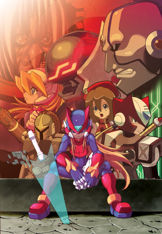 shigehiro (hiroi heya), ciel (mega man), dr. weil (mega man), iris (mega man), sigma (mega man), vile (mega man), zero(z) (mega man), zero (mega man), capcom, mega man (series), mega man x4, mega man x (series), mega man zero (series), mega man zero 3, mega man zero 4, official art, 2boys, 3girls, blonde hair, energy sword, long hair, multiple boys, multiple girls, poster (medium), robot, sword, unofficial omega, weapon