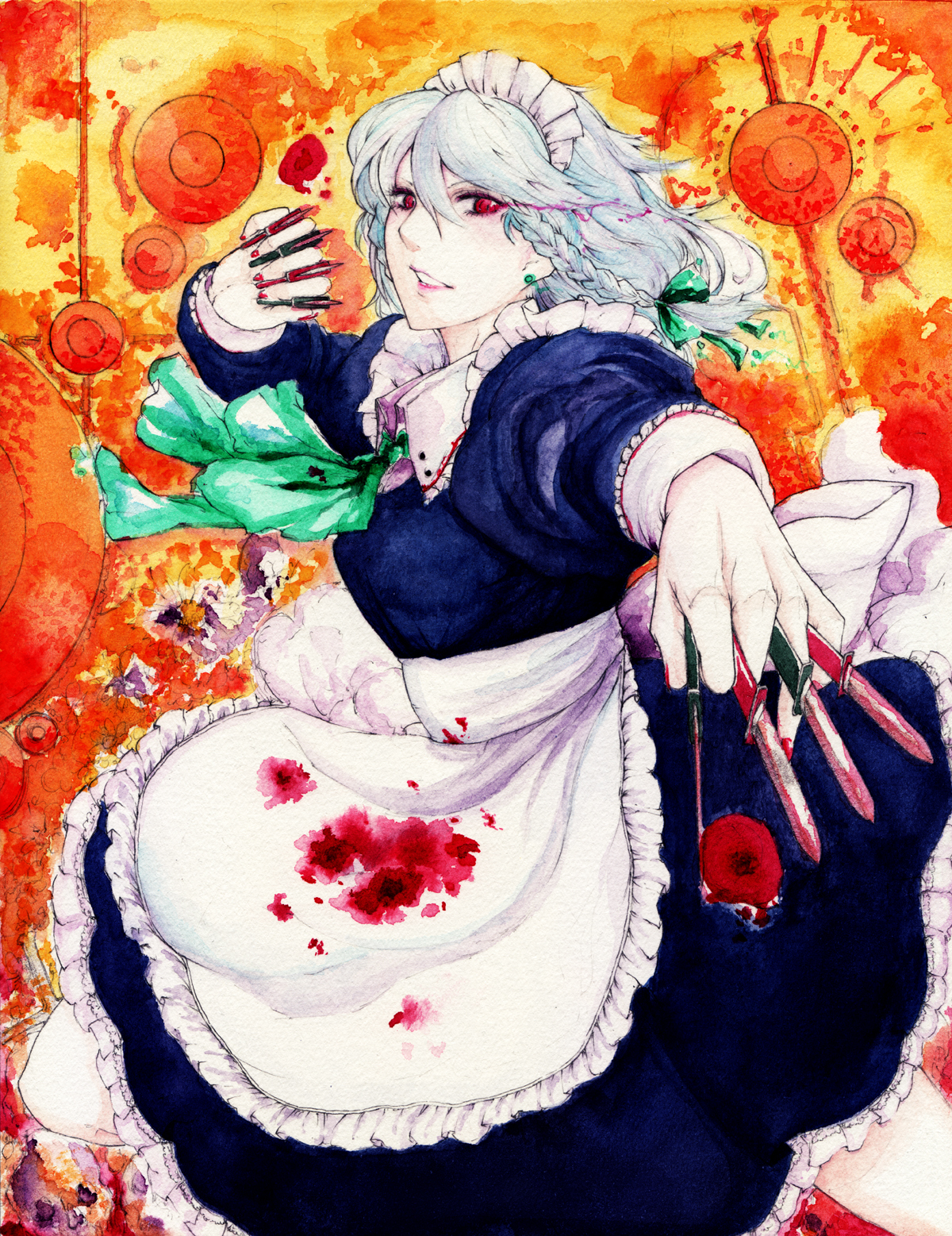okunin, izayoi sakuya, embodiment of scarlet devil, touhou, silver hair, bad id, bad pixiv id, highres, traditional media, 1girl, blood, braid, female focus, knife, maid, red eyes, short hair, solo, throwing knife, twin braids, weapon