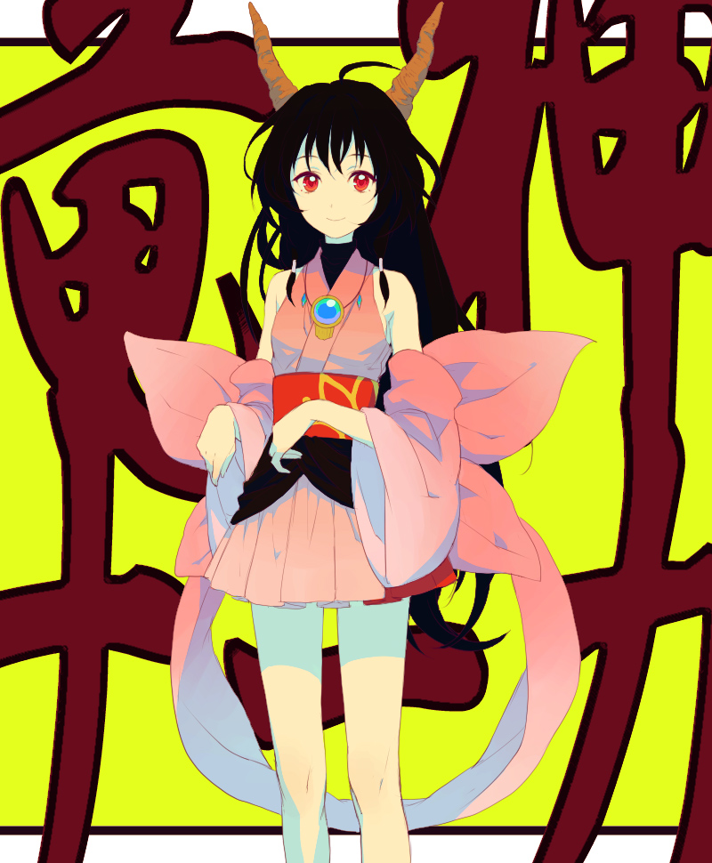 egawa satsuki, naga (staygarden), ryuujin naga, character request, 1girl, black hair, detached sleeves, female focus, flat chest, horns, japanese clothes, kimono, long hair, pink kimono, red eyes, smile, solo, yukata