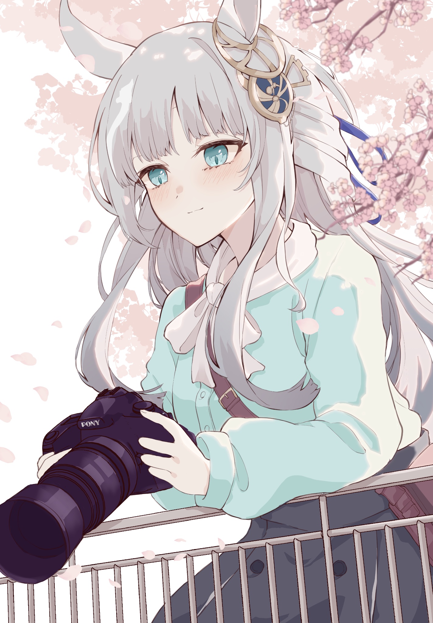 ri cochet, chrono genesis (umamusume), umamusume, commentary request, highres, 1girl, animal ears, bag, blush, breasts, camera, casual, cherry blossoms, fence, grey hair, hair between eyes, hair ornament, holding, holding camera, horse ears, horse tail, long hair, petals, satchel, simple background, small breasts, smile, solo, tail, tree, white background
