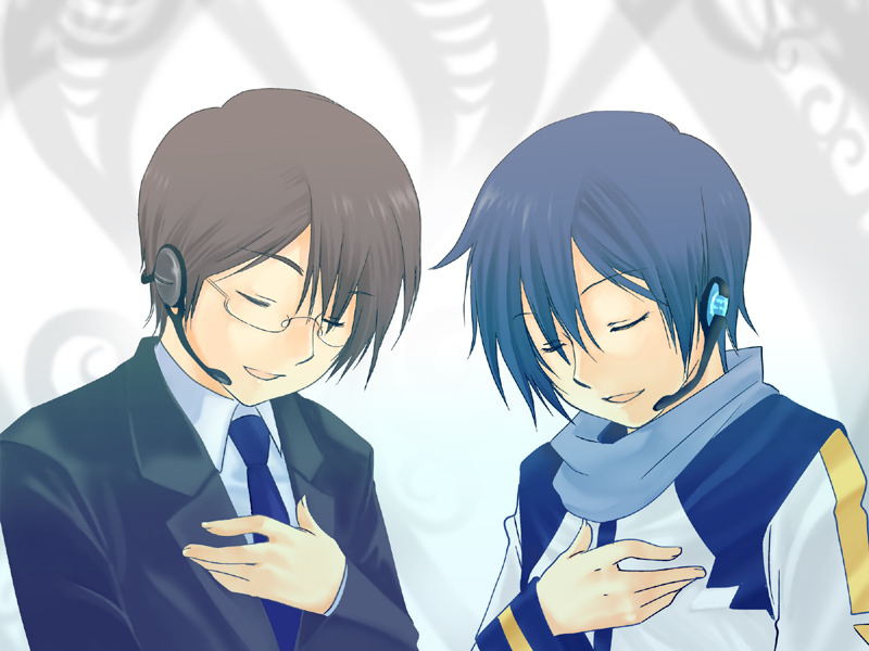 mouri, mouri (pixiv117817), hiyama kiyoteru, kaito (vocaloid), vocaloid, bad id, bad pixiv id, 2boys, blue hair, blue scarf, brown hair, closed eyes, formal clothes, glasses, headset, male focus, multiple boys, necktie, scarf, smile, suit