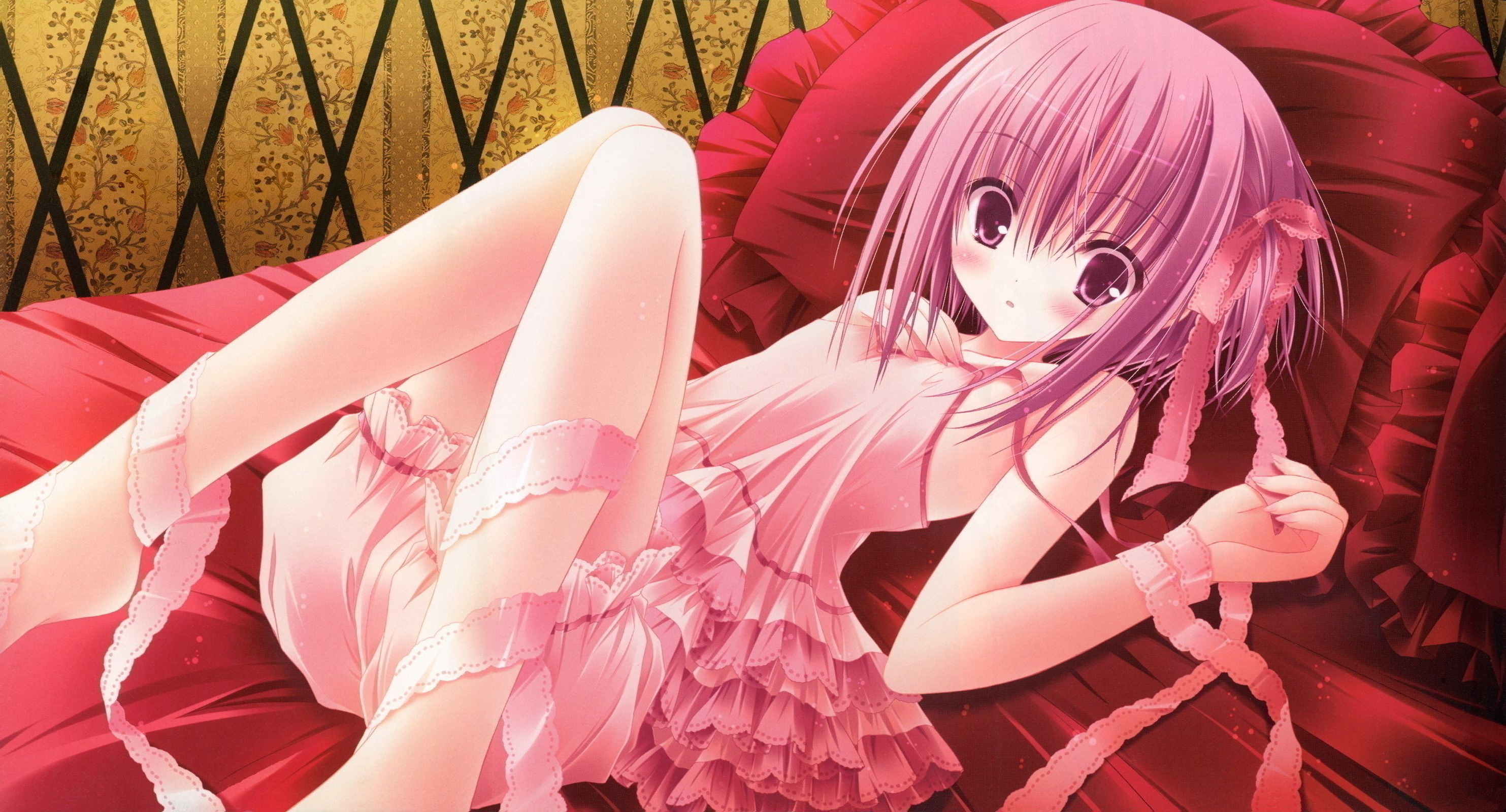 minato tomoka, rou-kyuu-bu!, artist request, highres, tagme, 10s, hair ribbon, loli, lying, on back, pink eyes, pink hair, pink ribbon, ribbon, short hair