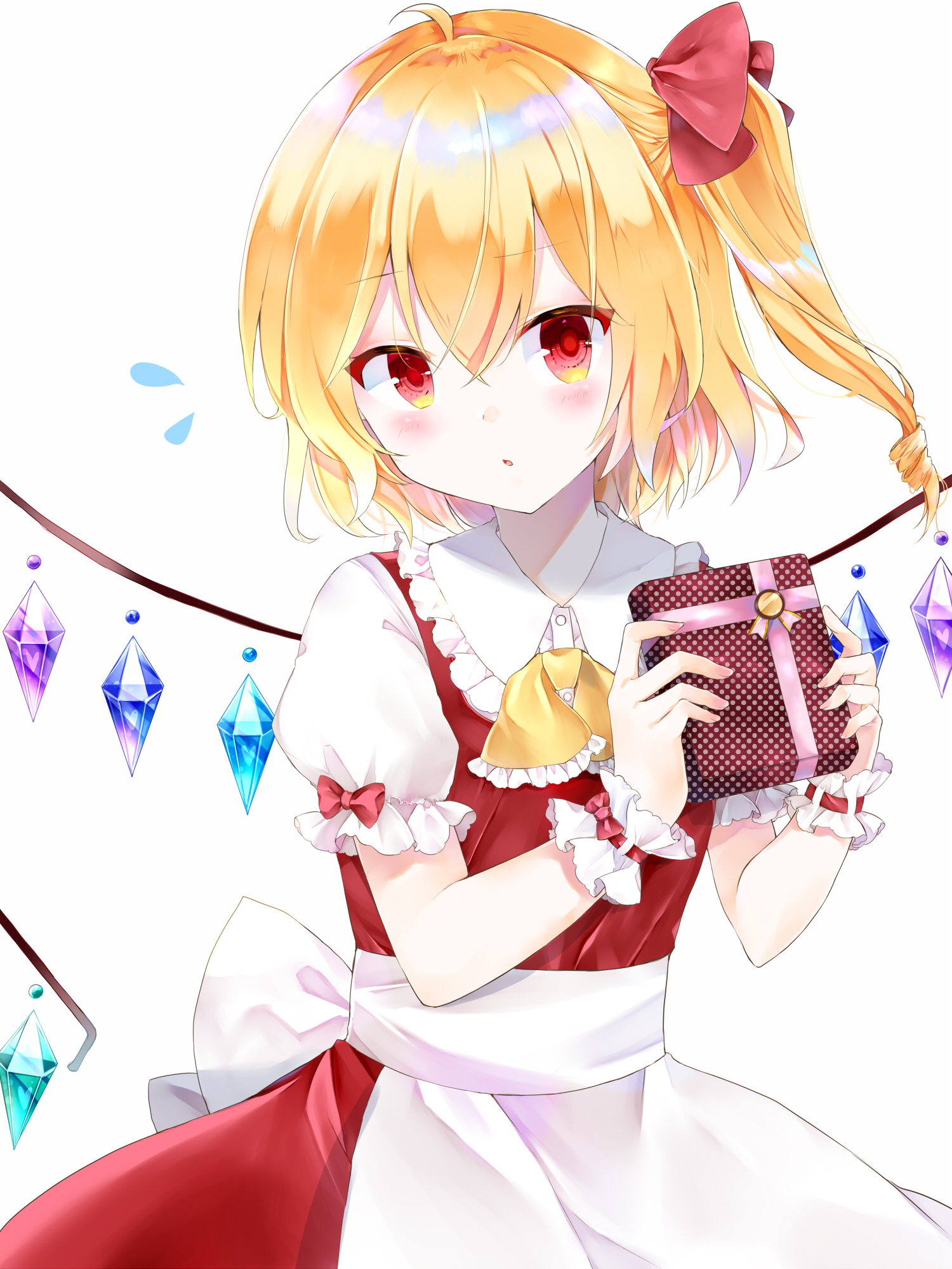 minatsuki yurara, flandre scarlet, touhou, commentary request, highres, 1girl, apron, ascot, blonde hair, blush, bow, collared shirt, crystal, crystal wings, flying sweatdrops, frilled shirt collar, frills, gift, hat, holding, holding gift, looking at viewer, multicolored wings, one side up, red bow, red eyes, red skirt, red vest, shirt, simple background, skirt, skirt set, sleeve bow, solo, valentine, vest, waist apron, white apron, white background, white hat, wings, wrist cuffs, yellow ascot