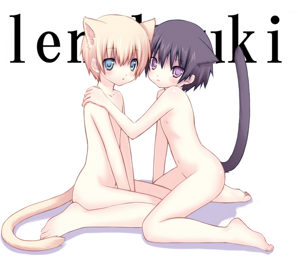 artist request, character request, source request, 2boys, animal ears, black hair, blonde hair, blue eyes, cat boy, cat ears, cat tail, male focus, multiple boys, nude, purple eyes, shota, tail