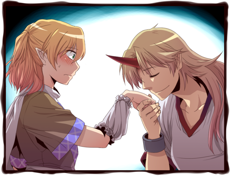 re ghotion, hoshiguma yuugi, mizuhashi parsee, touhou, 2girls, arm warmers, blonde hair, blush, closed eyes, female focus, green eyes, half updo, holding hands, horns, imminent kiss, kiss, kissing hand, long hair, multiple girls, pointy ears, profile, scarf, shirt, short hair, short sleeves, single horn, smile, transparent background, white shirt, yuri