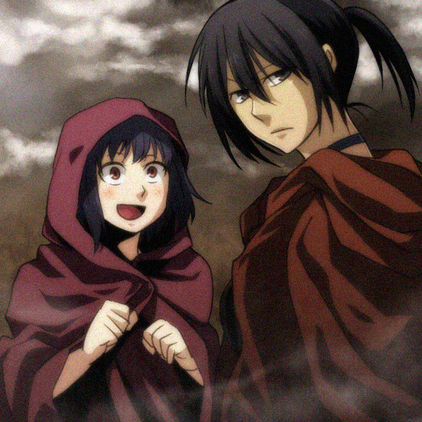 re ghotion, alphard (canaan), liang qi, 428, 428: fuusa sareta shibuya de, canaan (series), chunsoft, 2girls, black eyes, blush, choker, clenched hand, clenched hands, happy, looking at another, looking back, multiple girls, open mouth, ponytail, red eyes, short hair