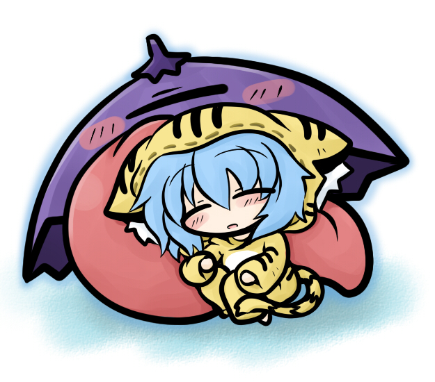 yanagi (nurikoboshi), tatara kogasa, touhou, 1girl, animal costume, animal print, blue hair, chibi, female focus, karakasa obake, lying, short hair, sleeping, solo, tiger costume, tiger print, tongue, umbrella, white background