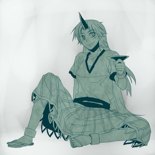 re ghotion, hoshiguma yuugi, touhou, 1girl, barefoot, cuffs, cup, female focus, green theme, horns, legs, long hair, monochrome, pointy ears, sakazuki, sandals, sarashi, shackles, shirt, short sleeves, single horn, sitting, skirt, smile, solo, t-shirt