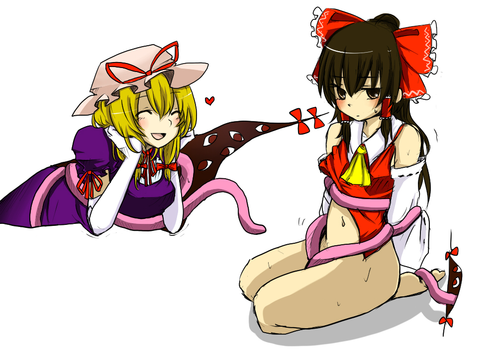 medaka, hakurei reimu, yakumo yukari, touhou, bad id, bad pixiv id, 2girls, ^ ^, barefoot, bdsm, black hair, blonde hair, bondage, bottomless, bound, bow, closed eyes, elbow gloves, gap (touhou), gloves, hair bow, hat, heart, multiple girls, portal (object), rape, sweat, tentacles, white gloves