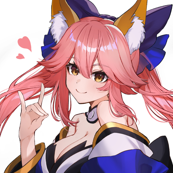 neko daruma, tamamo no mae (fate), fate/grand order, fate (series), commentary request, 1girl, animal ear fluff, animal ears, blue bow, blue kimono, bow, breasts, cleavage, detached collar, detached sleeves, fox ears, fox girl, fox shadow puppet, hair between eyes, hair bow, heart, japanese clothes, kimono, large breasts, long hair, looking at viewer, pink hair, smile, solo, split ponytail, yellow eyes
