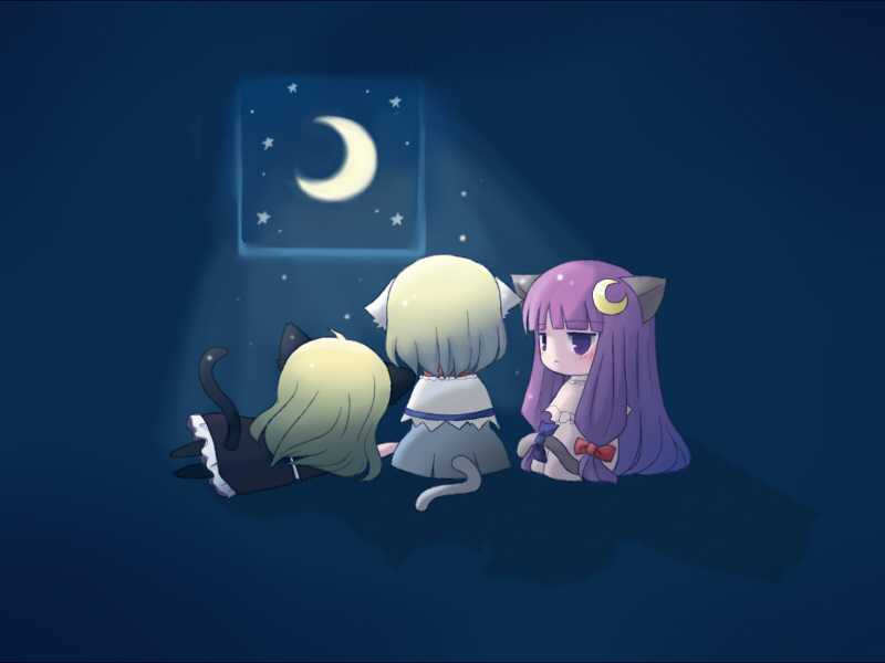 ico (engawa roman), ico (pixiv296601), alice margatroid, kirisame marisa, patchouli knowledge, touhou, 3girls, :<, animal ears, back, blonde hair, blush, cat ears, cat girl, cat tail, chibi, crescent, crescent hair ornament, female focus, hair ornament, kemonomimi mode, light rays, moon, multiple girls, tail